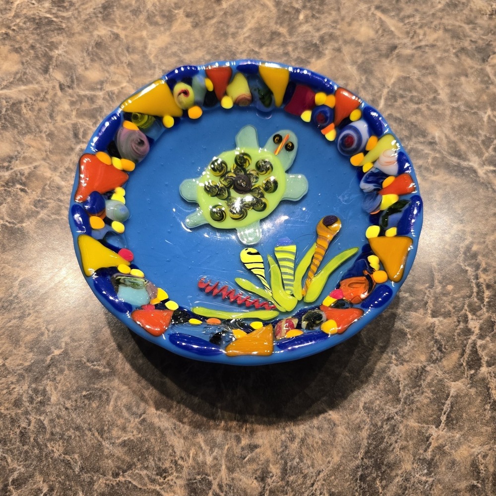 Signed 2009 Fused Art Glass Turtle Trinket/Ring Dish Blue Coastal – Darcy Abbot